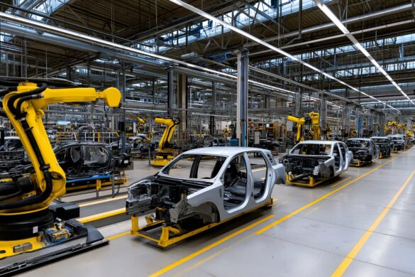 A large car factory assembly hall with robotic arms and partly built vehicles.