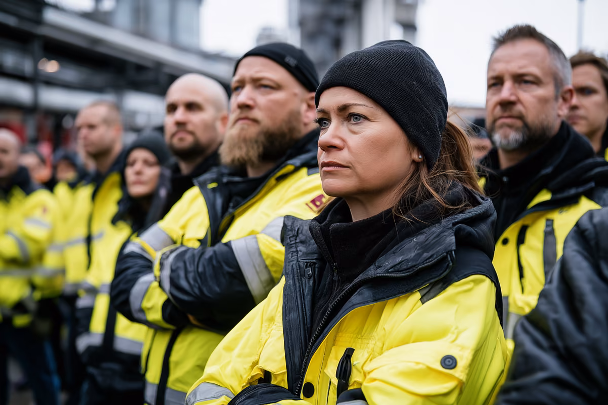 Factory workers in high-visibility jackets gathered outside an industrial plant.