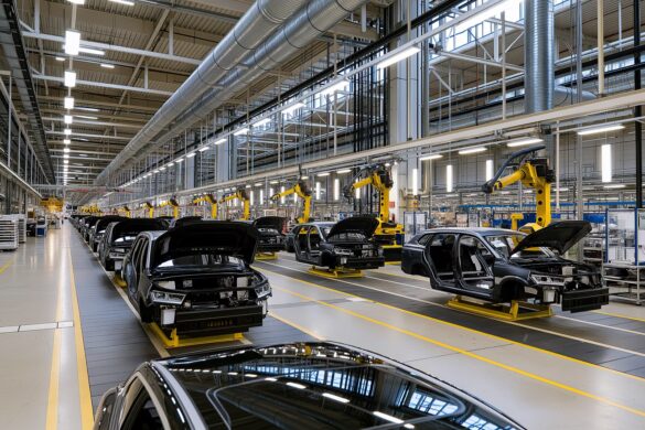 Robotic arms paused over unfinished car bodies on a Volkswagen assembly line, as the dispute over VW plant closures continues