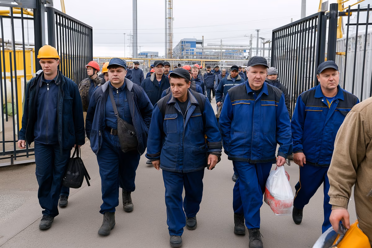Factory workers in overalls walking through a plant gate at shift change under a cloudy sky