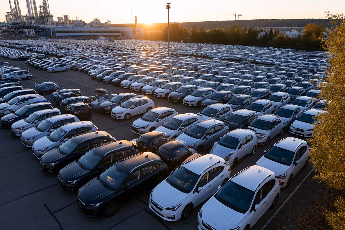 Cars on a Volkswagen production line inside a German assembly plant.