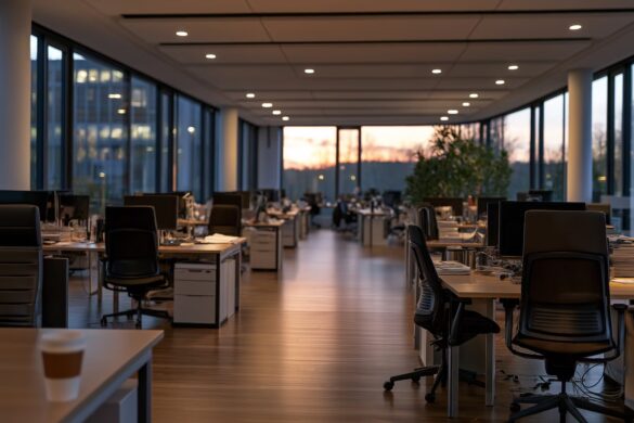 An office worker checking the time on a wall clock in a modern German workplace late in the afternoon.